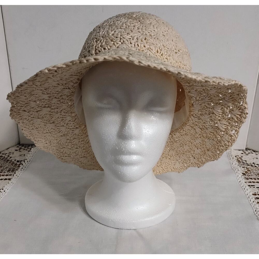 Women's Crochet Shell Stitch Raffia Hat by Accessories Cream Colored